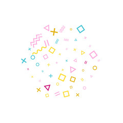 Memphis style geometric confetti background with triangle, circle, square, zigzag and wavy line