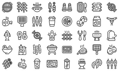 Grilled food icons set. Outline set of grilled food vector icons for web design isolated on white background