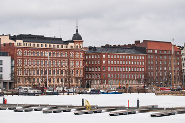 View of the classic residential buildings in Kruununhaka neighborhood of Helsinki, Finland.