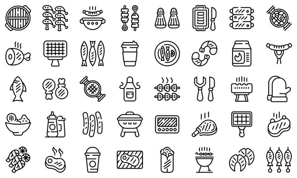 Grilled food icons set. Outline set of grilled food vector icons for web design isolated on white background