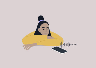 Young female Asian character listening to a voice message on their mobile phone, new ways of communication, a podcast media format