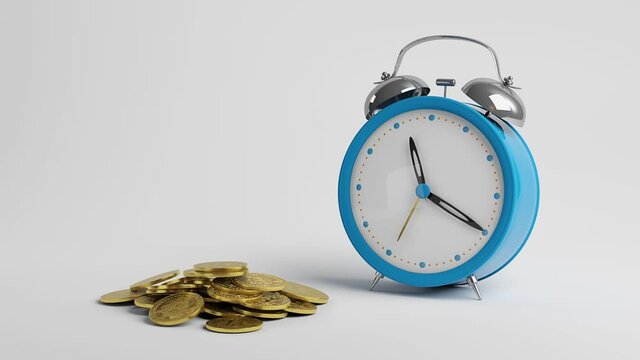 Alarm clock and coins. Gold coins fall down. 3D render.