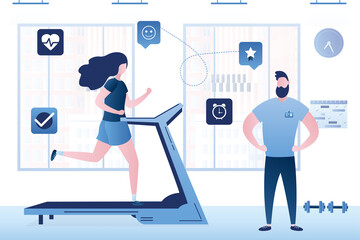 Slim woman running on treadmill in gym. Fitness coach helps with workouts. Beauty girl trains with male trainer.