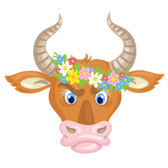 Funny cute bull a symbol of the New Year in a flower wreath. In cartoon style. Isolated on white background. Vector flat illustration.