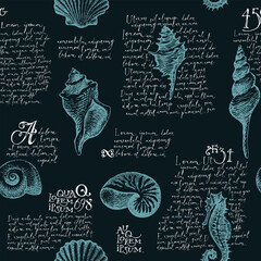Seamless pattern with blue contour drawings of seashells, seahorse and handwritten text Lorem ipsum on a black background. Vector illustration in retro style. Wallpaper, wrapping paper, fabric