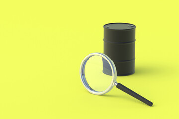 Barrel near magnifier on yellow background. Fuel quality check. Exploration of new deposits. Oil market analysis. Search for places of purchase, sale. Copy space. 3d render