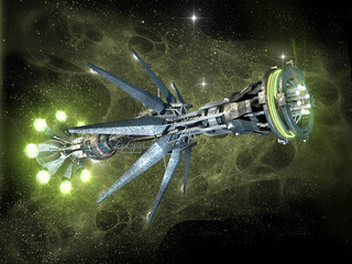 Warp drive spaceship on an exotic star field