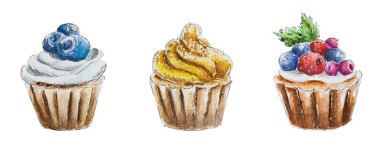 Colorful watercolor cupcakes with cream and berries, isolated