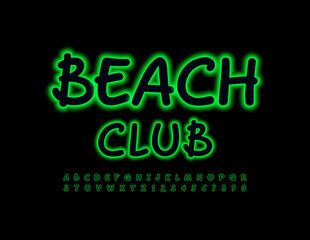 Vector creative poster Beach Club. Green Glowing Font. Neon Alphabet Letters and Numbers set