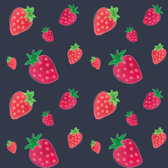 Seamless pattern drawing strawberries on a dark background.