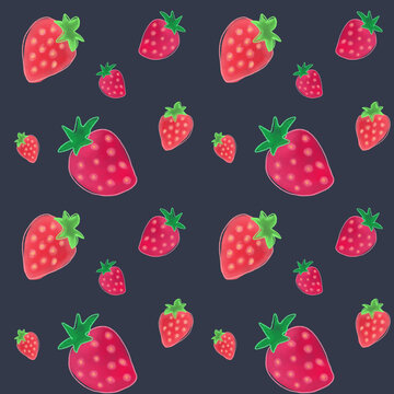 Seamless pattern drawing strawberries on a dark background.