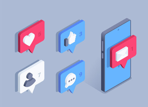 isometric vector illustration on gray background, set of message on phone with like and heart, letters and users