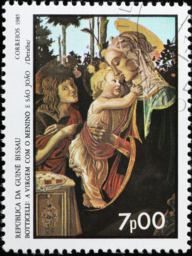 Madonna and child by Botticelli on postage stamp