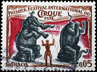 Vintage poster from Circus Festival of Monte-Carlo on postage stamp