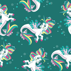 Seamless vector pattern with beauty sea unicorns green