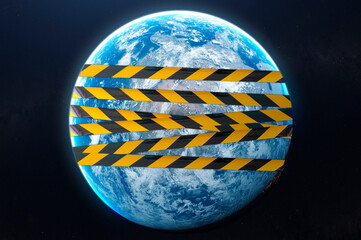 planet earth behind the black and yellow line, quarantine, covid-19 pandemy, elements of this image furnished by nasa