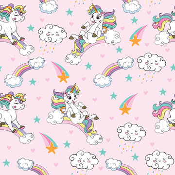 Seamless vector pattern with funny unicorns pink