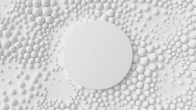 White spheres resize around central empty circle. Abstract noise pattern of sphere scaling. Clean light background