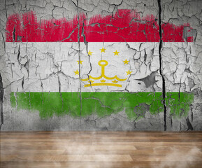 Tajikistan Flag Paint on empty Cracked wall room and Wooden Floor with smoke Single Flag 