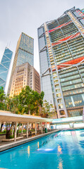Fototapeta na wymiar HONG KONG - MAY 12, 2014: Street view of Downtown Hong Kong skyscrapers