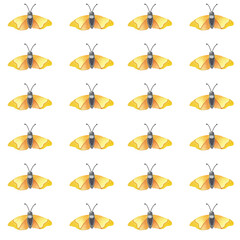 Seamless pattern with yellow, orange butterflies. Hand painted in watercolor and colored pencils. Bright and colordul design perfect for wrapping paper, textile, children decorarion, nursery art. 