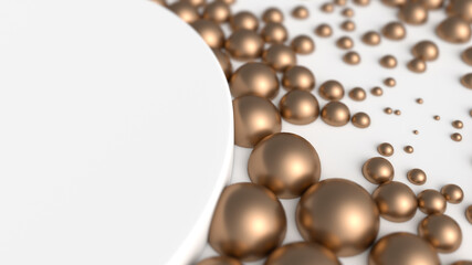 Macro of golden spheres near clean white podium. Close up of abstract spheres of random size. Clean light background. 3d render illustration
