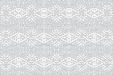 Geometric volumetric convex white background. Ethnic African, Mexican, Native American style. 3d embossed ornament. Horizontal abstract pattern for presentations, textiles, wallpaper.