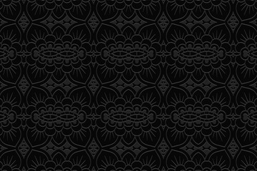 Geometric volumetric convex black background. Ethnic African, Mexican, Native American style. 3d embossed ornament.Beautiful abstract pattern for presentations, textiles, wallpaper.