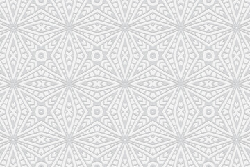 Volumetric convex white background. Ethnic African, Mexican, Native American style. 3D relief ornament. Geometric national pattern for presentations, textiles, wallpapers.