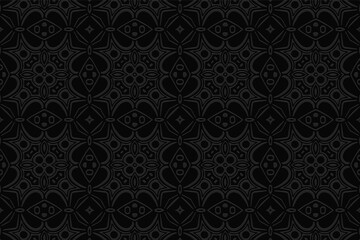 Obraz na płótnie Canvas Volumetric convex black background. Ethnic African, Mexican, Native American style. 3D relief ornament. Trendy geometric pattern for presentations, textiles, wallpapers.