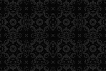 Volumetric convex black background. Ethnic African, Mexican, Native American style. 3d embossed geometric abstract ornament. Pattern for presentations, textiles, wallpaper.