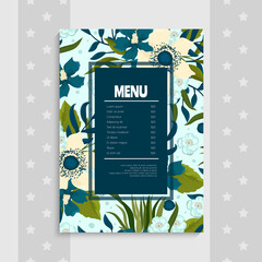 Cafe menu, template design with flowers. Vector illustration.