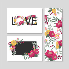 Set of cards with flowers. Floral greeting card template design. Vector illustration.