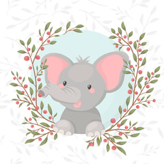Cute baby safari animal elephant in the beautiful floral, flowers wreath, frame, bouquet.