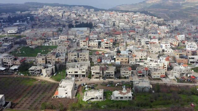 Masade Druze village houses in Israel northern Golan Heights, Aerial view.