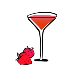 Simple hand-drawn style strawberry cocktail. A bright drink in a glass.
