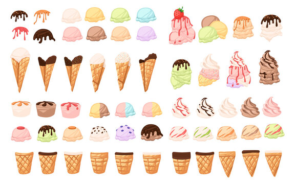Set of different ice cream cone and bars ice creams with different flavours chocolate vanilla and fruits vector illustration on white background