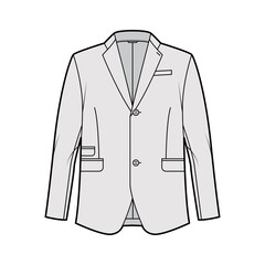 Tailored jacket lounge suit technical fashion illustration with long sleeves, notched lapel collar, flap went pockets. Flat coat template front, grey color style. Women, men, unisex top CAD mockup