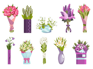 Flowers bouquet set. Design elements for greeting card or postcard. Collection flat floral vector. Gift for wedding or holiday concept. Colorful illustration isolated on white