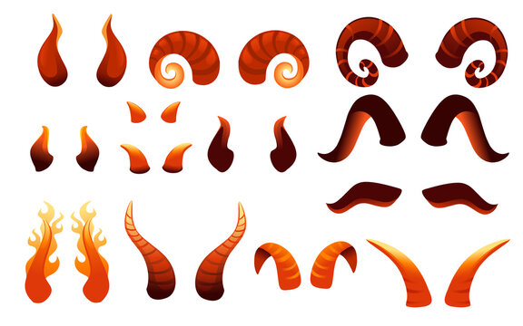 Set of devil horns collection of red different shapes satan's horns carnival party accessory vector illustration on white background