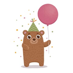 Cute teddy bear wearing party cap and holding birthday balloon. Funny animal cub in scandinavian style celebrating birthday. Flat vector cartoon textured illustration isolated on white background