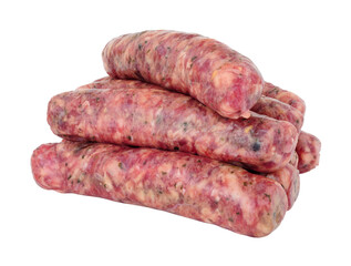 Group of raw Aberdeen Angus beef sausages isolated on a white background