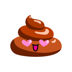 Shit or turd emoji vector icon with flirting smile on a face, isolated illustration in flat cartoon and kawaii style with hearts.