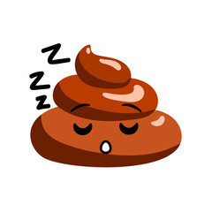 Snoring shit or turd emoji vector icon with sleepy face and ZZZZ text, isolated illustration in flat cartoon and doodle style