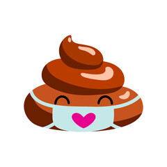 Shit or turd wearing medical mask emoji vector icon as concept for coronavirus prevention and other diseases as flu, air pollution, contaminated air. Isolated illustration