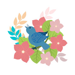 A bird on a flowering tree in a hand-drawn style with an ornate pattern. Spring illustration with bright flowers and a songbird, isolated on a white background, vector.