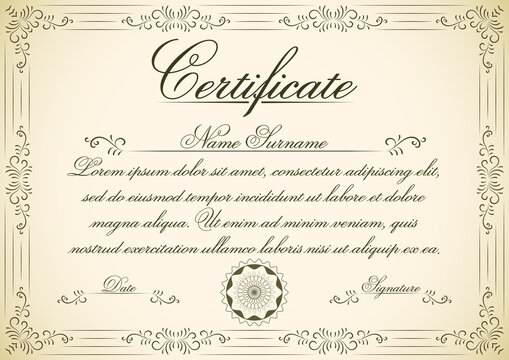 Certificate design with vintage swirl frame. Editable retro diploma template design to use for wedding cards, invitations and school diploma. 