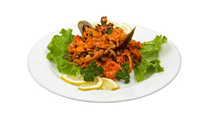 Rice with seafood and vegetables on white round plate isolated