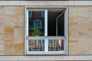 Open window with a plant Palm and reflections on the windowpane 