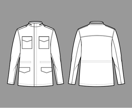 M-65 field jacket technical fashion illustration with oversized, stand collar, long sleeves, flap pockets, epaulettes. Flat coat template front, back white color style. Women men unisex top CAD mockup